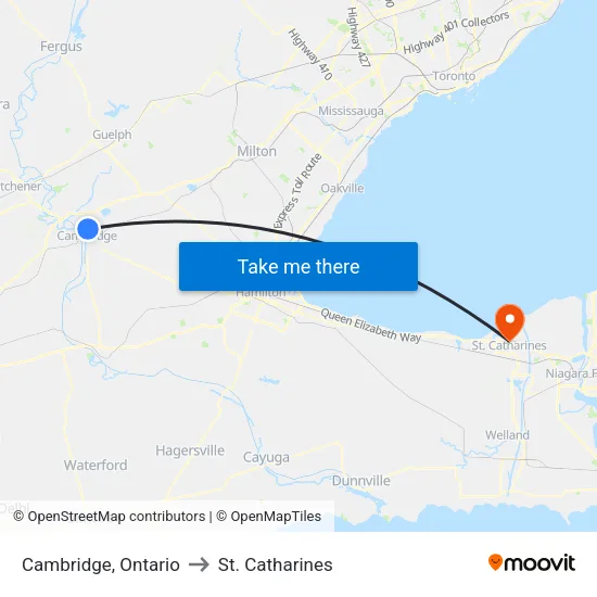 Cambridge, Ontario to St. Catharines map