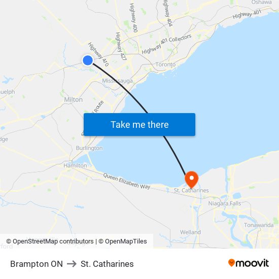 Brampton ON to St. Catharines map