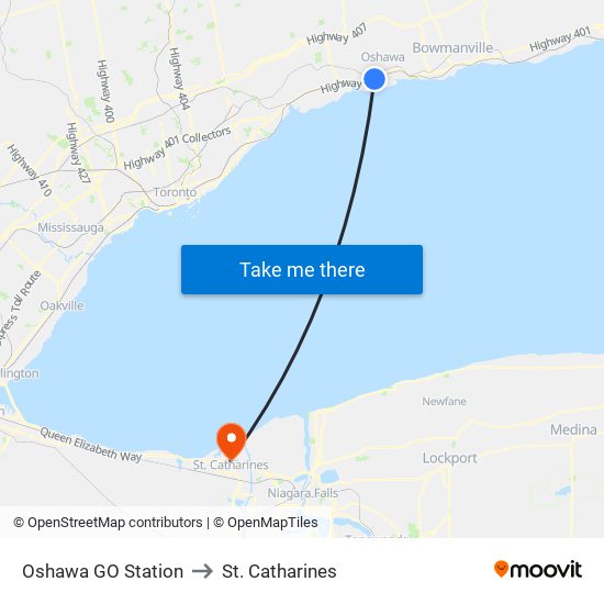 Oshawa GO Station to St. Catharines map