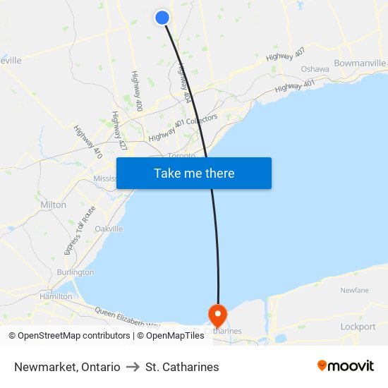 Newmarket, Ontario to St. Catharines map