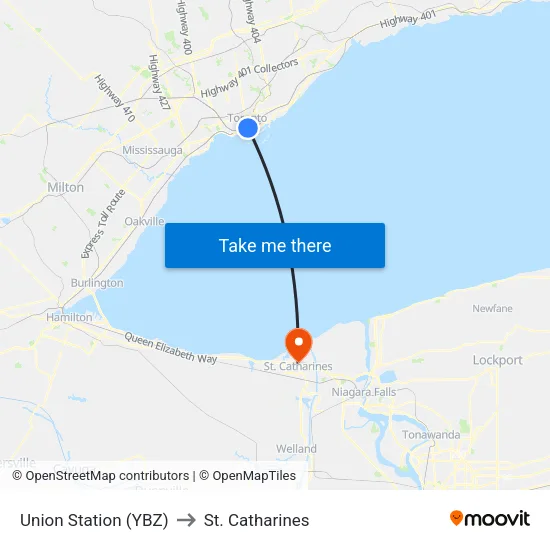 Union Station (YBZ) to St. Catharines map