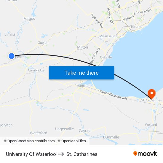 University Of Waterloo to St. Catharines map