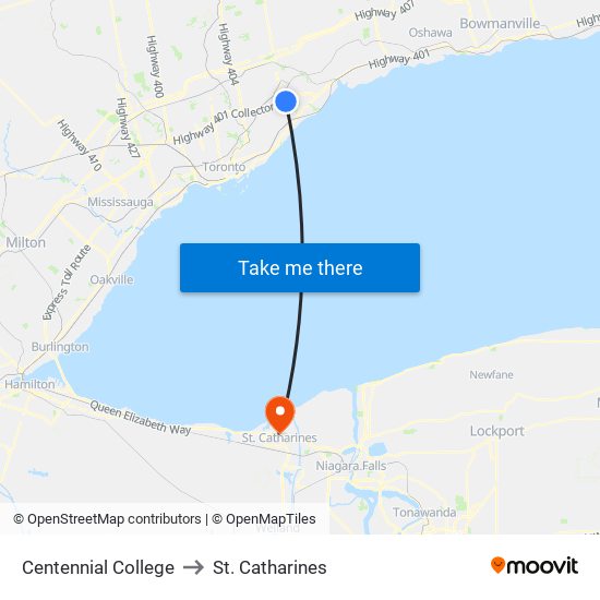 Centennial College to St. Catharines map