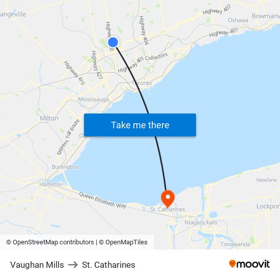 Vaughan Mills to St. Catharines map