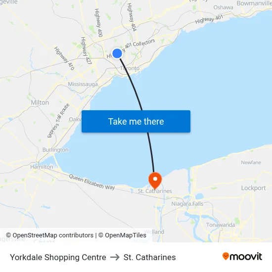 Yorkdale Shopping Centre to St. Catharines map