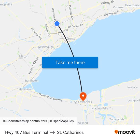 Hwy 407 Bus Terminal to St. Catharines map