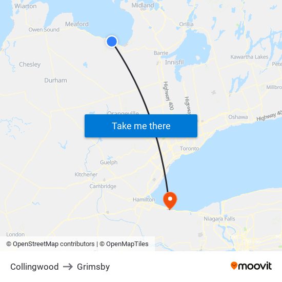 Collingwood to Grimsby map