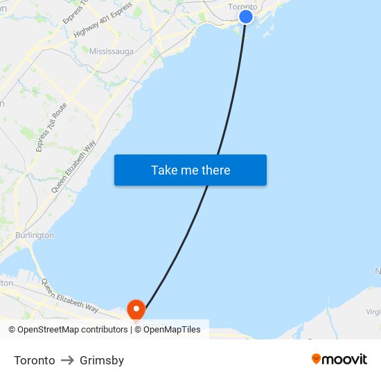 Toronto to Grimsby map