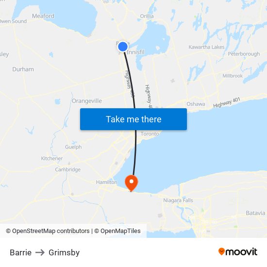 Barrie to Grimsby map