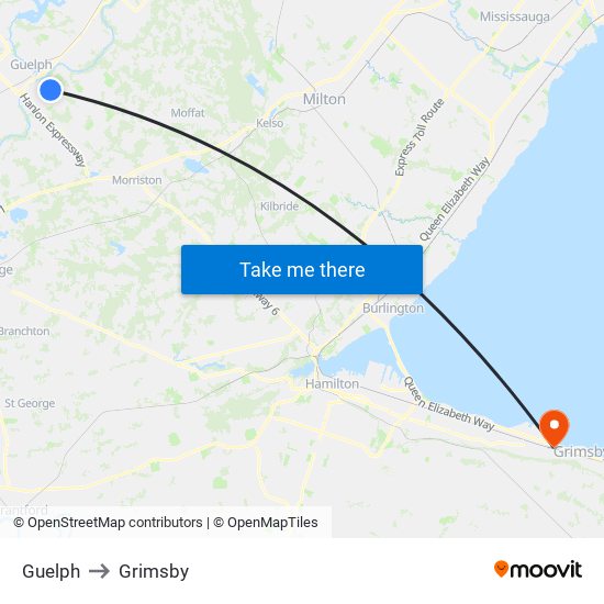 Guelph to Grimsby map