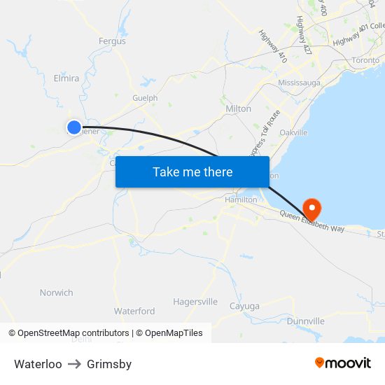 Waterloo to Grimsby map