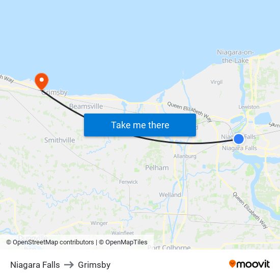 Niagara Falls to Grimsby map