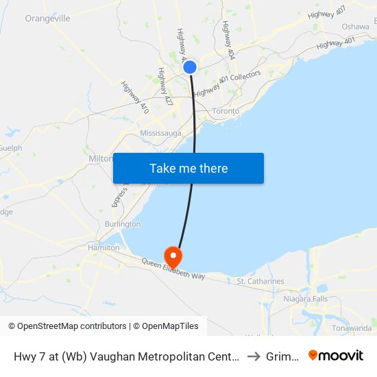 Hwy 7 at (Wb) Vaughan Metropolitan Centre Station to Grimsby map