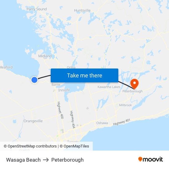 Wasaga Beach to Peterborough map