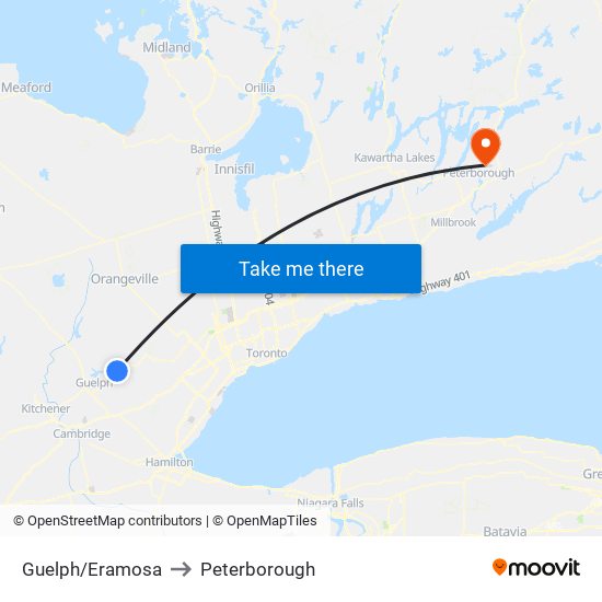 Guelph/Eramosa to Peterborough map