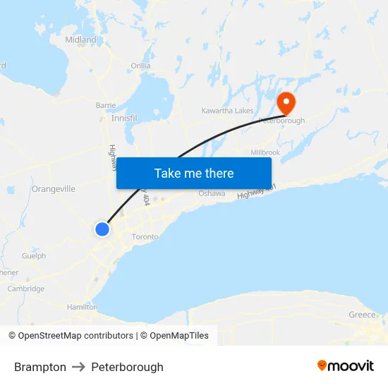 Brampton to Peterborough map