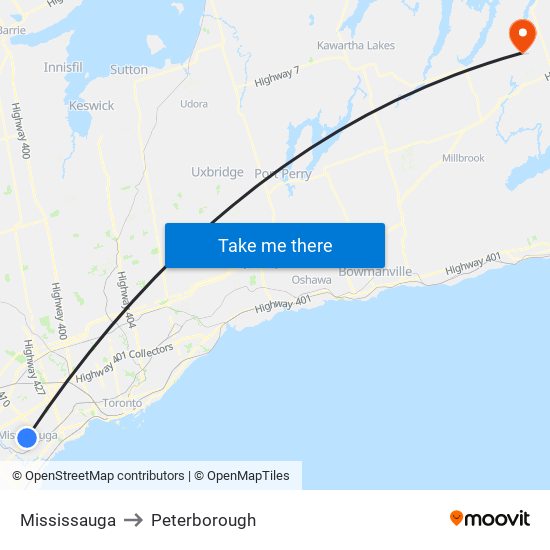 Mississauga to Peterborough map