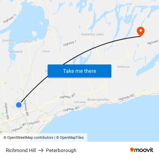 Richmond Hill to Peterborough map