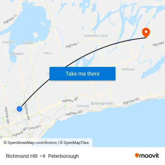 Richmond Hill to Peterborough map