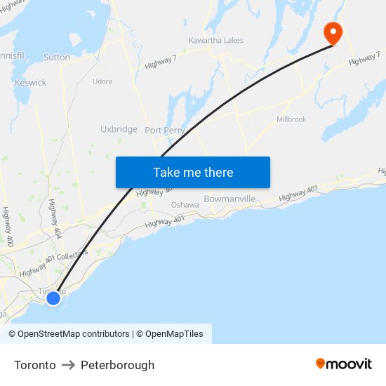 Toronto to Peterborough map