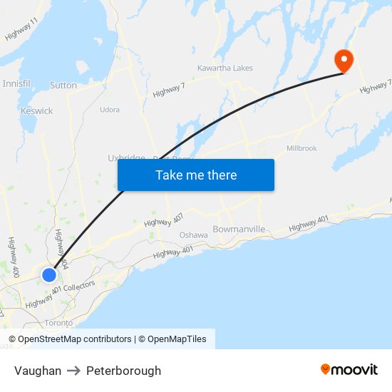 Vaughan to Peterborough map