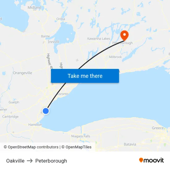 Oakville to Peterborough map