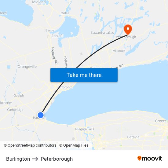 Burlington to Peterborough map