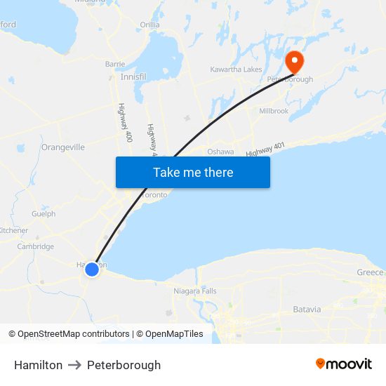 Hamilton to Peterborough map