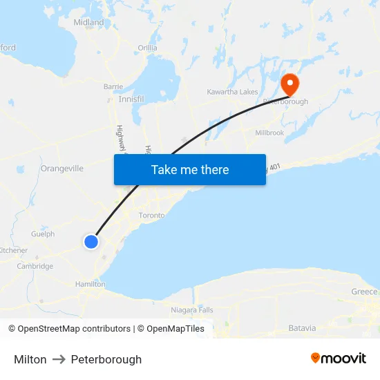 Milton to Peterborough map