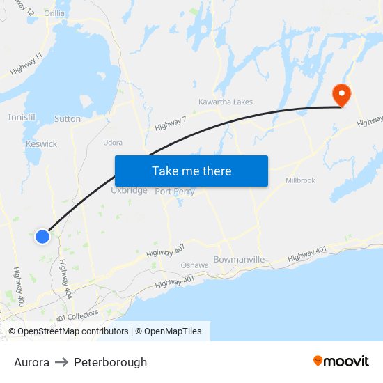 Aurora to Peterborough map