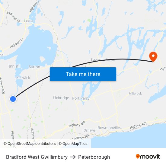 Bradford West Gwillimbury to Peterborough map