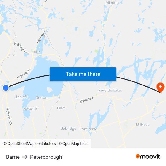 Barrie to Peterborough map
