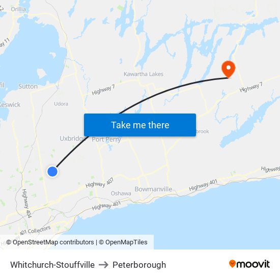 Whitchurch-Stouffville to Peterborough map