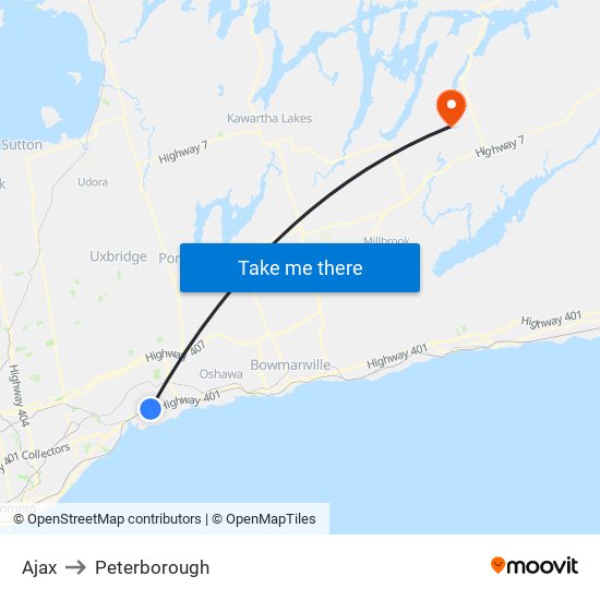 Ajax to Peterborough map