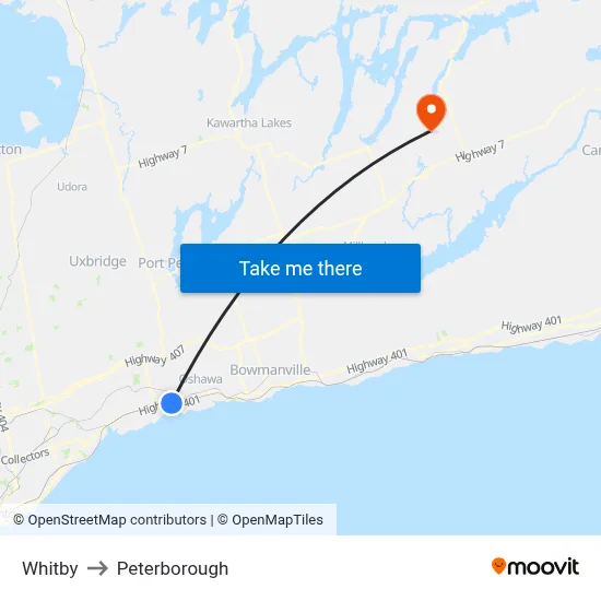 Whitby to Peterborough map
