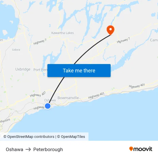 Oshawa to Peterborough map