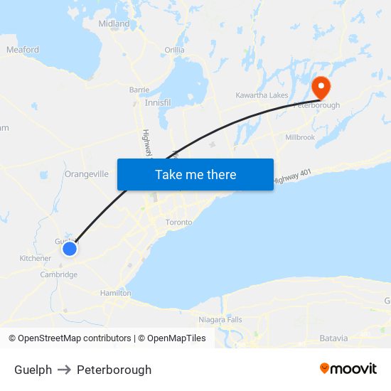 Guelph to Peterborough map