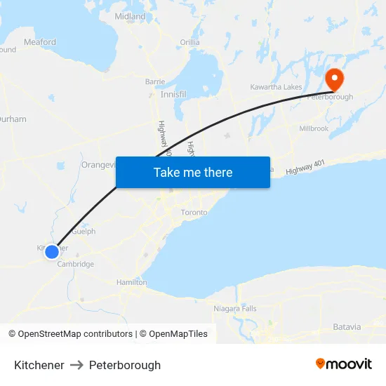 Kitchener to Peterborough map
