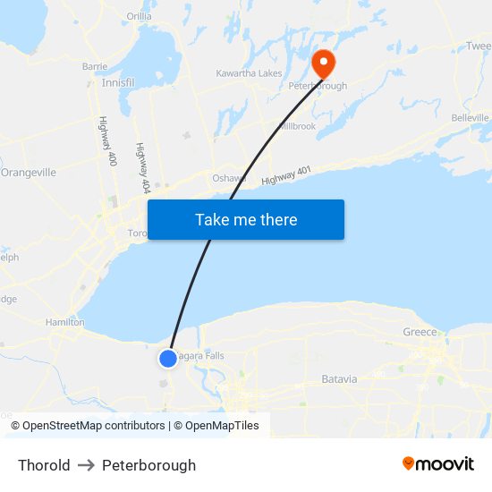 Thorold to Peterborough map