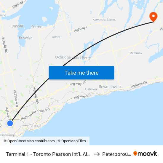 Terminal 1 - Toronto Pearson Int'L Airport to Peterborough map
