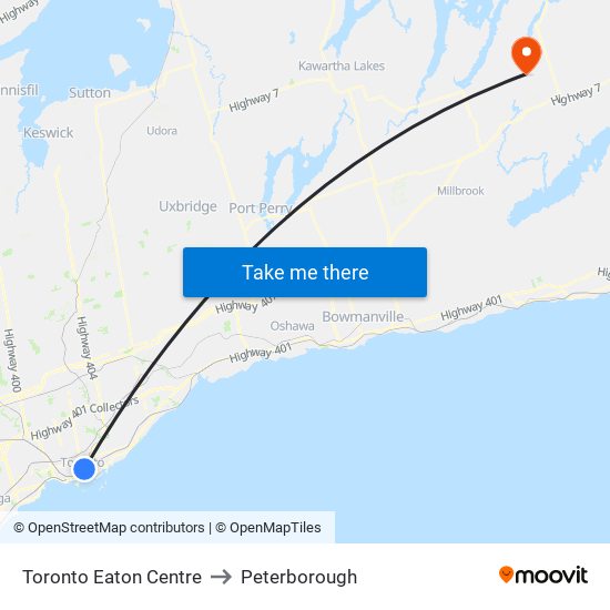 Toronto Eaton Centre to Peterborough map