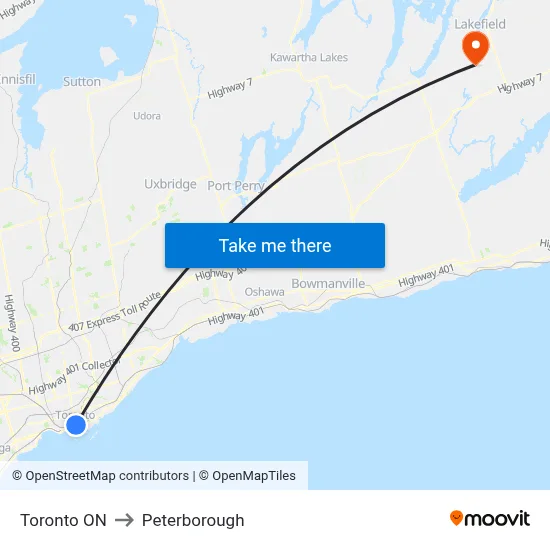 Toronto ON to Peterborough map