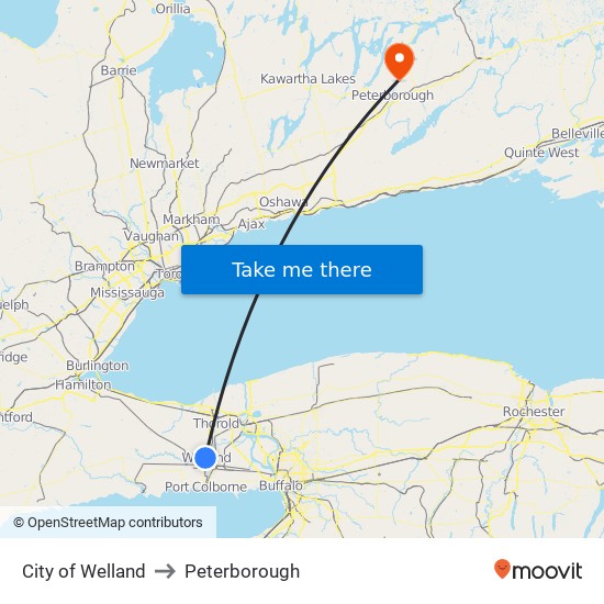 City of Welland to Peterborough map