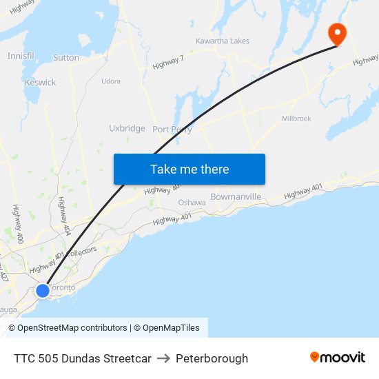 TTC 505 Dundas Streetcar to Peterborough map