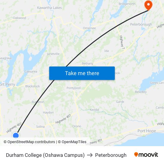 Durham College (Oshawa Campus) to Peterborough map