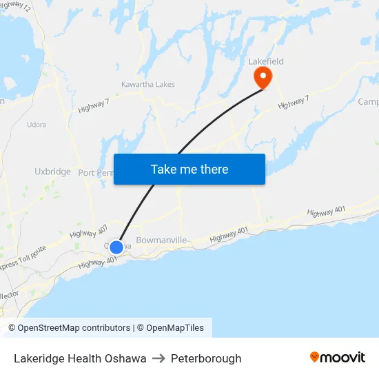 Lakeridge Health Oshawa to Peterborough map