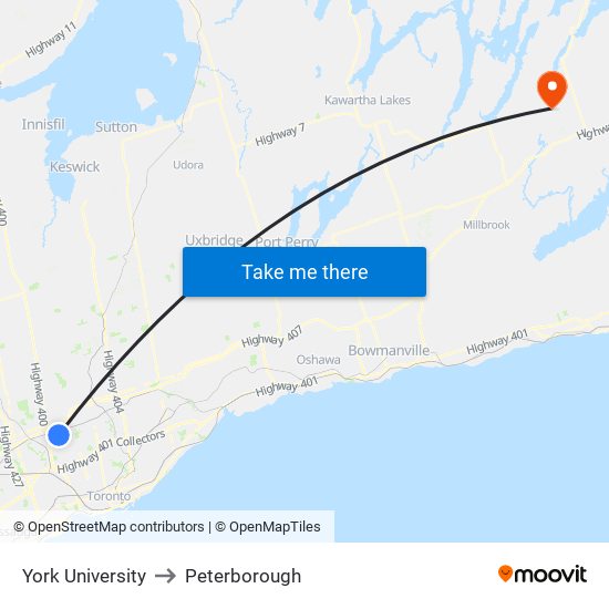 York University to Peterborough map