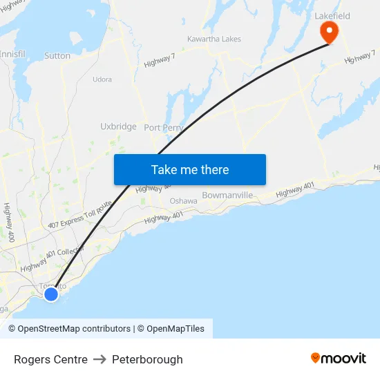 Rogers Centre to Peterborough map