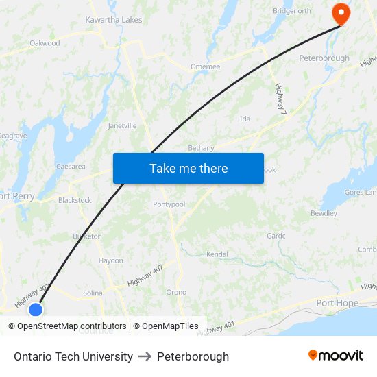 Ontario Tech University to Peterborough map