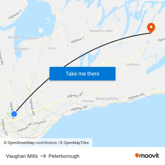 Vaughan Mills to Peterborough map